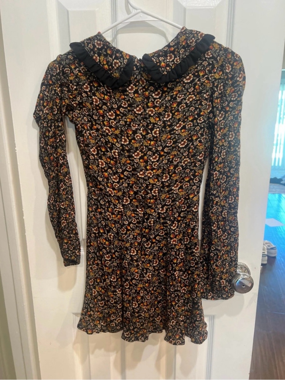Valfre Black Floral Long-Sleeve Ruffle Collar Mini Dress